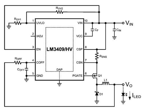 Typical application circuit for National Semiconductor's LM3409 National Semiconductor’s LM3409 LED driver